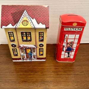 Lot of 2 Christmas Tin Harry London & Churchill's Money Box Telephone Embossed
